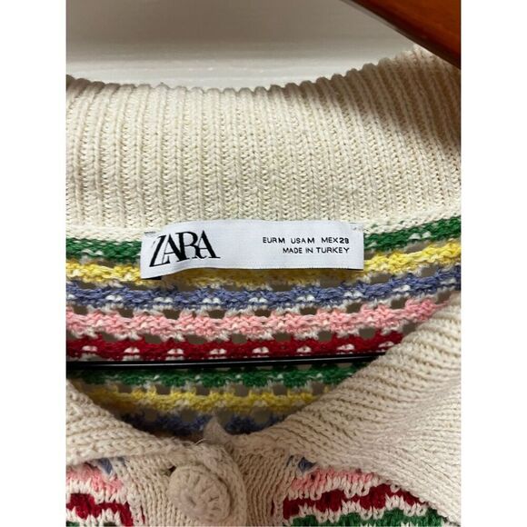 Zara Lapel Collar Rainbow Stripe Short Sleeve Cardigan Sweater Sz M EUC - Picture 5 of 7